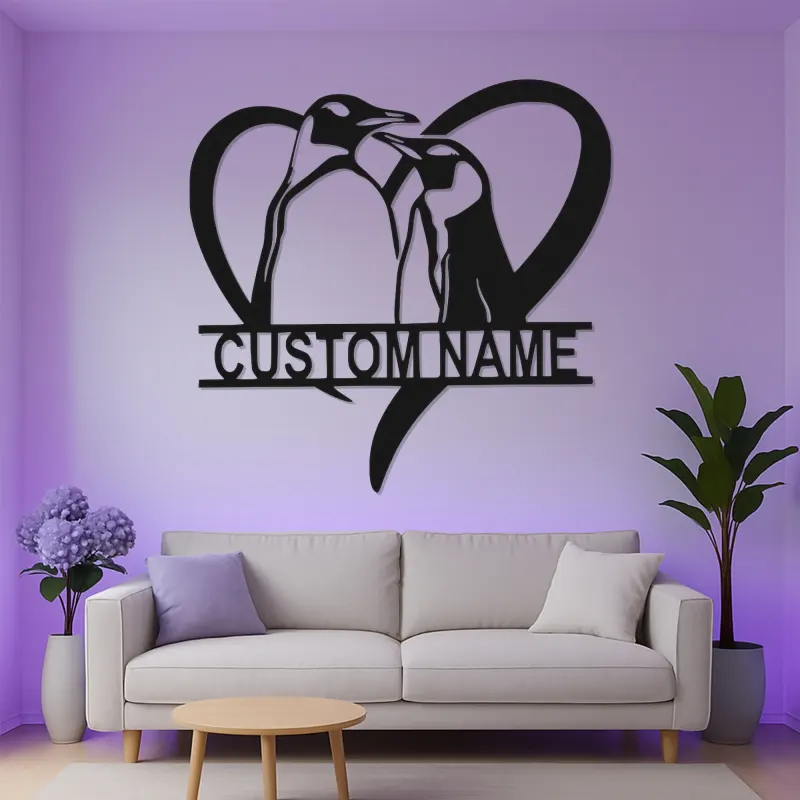Insegna LED per Coppia di Pinguini | Arte Murale in Metallo Personalizzata | Regalo per Anniversario per Camera da Letto