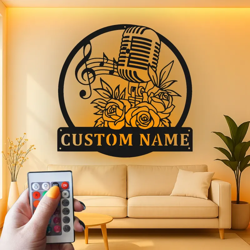 Panneau Métallique Microphone Personnalisé | Décoration Murale Art Déco Rétro | Cadeau Musicien Personnalisé | Décor de Studio de Musique Rétro