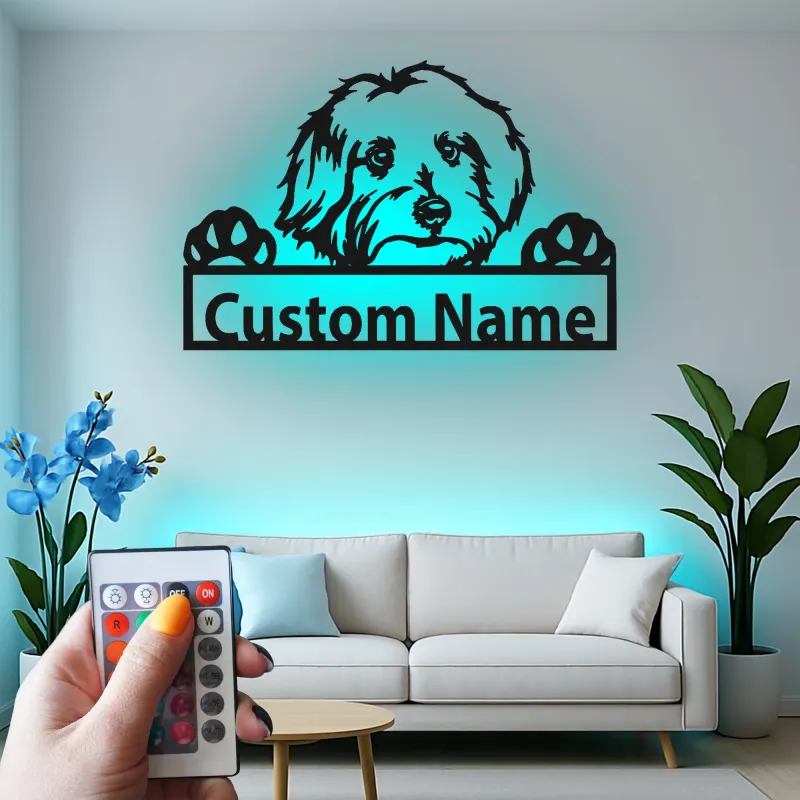 Cartel de metal personalizado con silueta de perro y luz LED, regalo para amantes de mascotas, decoración para salón