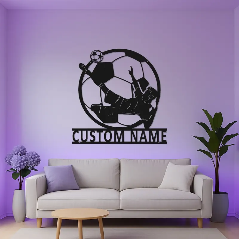 Panneau Métallique de Joueur de Soccer Personnalisé | Décoration Murale LED de Nom pour Chambre de Garçon | Silhouette de Coup de Pied de Bicyclette | Cadeau pour Athlète