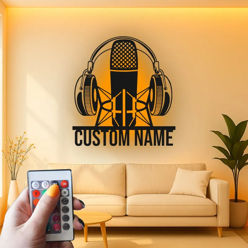 Custom Podcast Mic Sign | Personalized LED Metal Wall Art | Studio Decor for Podcaster & Musician Gift