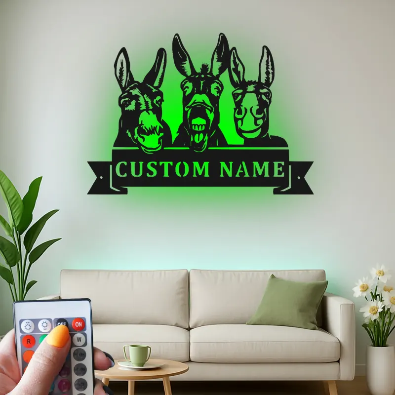 Insegna in metallo LED Donkey Trio Personalizzata Regalo per Fattoria Decorazione Casa Rustica