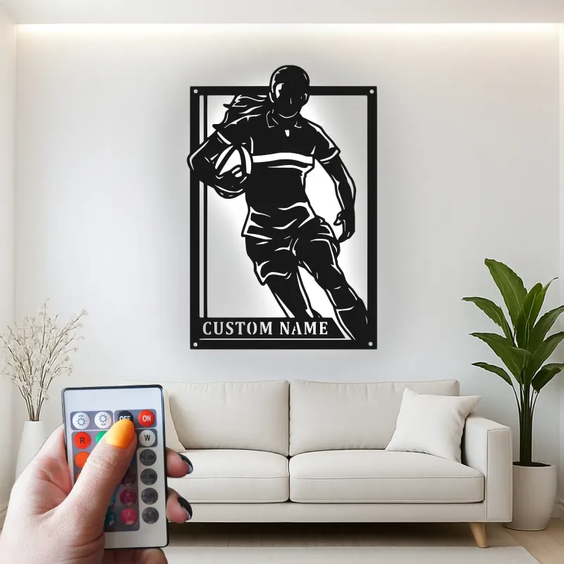 Insegna in metallo LED personalizzata per giocatrice di rugby | Decorazione murale per atleta con nome | Regalo per camera da ragazza rugbista
