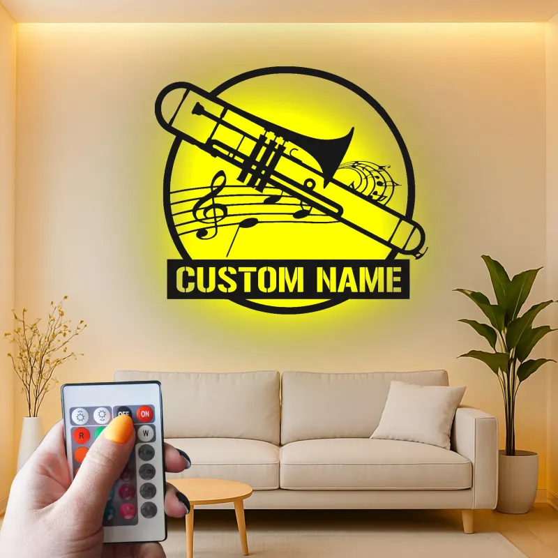 Décoration murale en métal personnalisée avec rétroéclairage LED Trombone - Cadeau pour Musicien - Décor de Salle de Musique pour Amateurs de Trombone