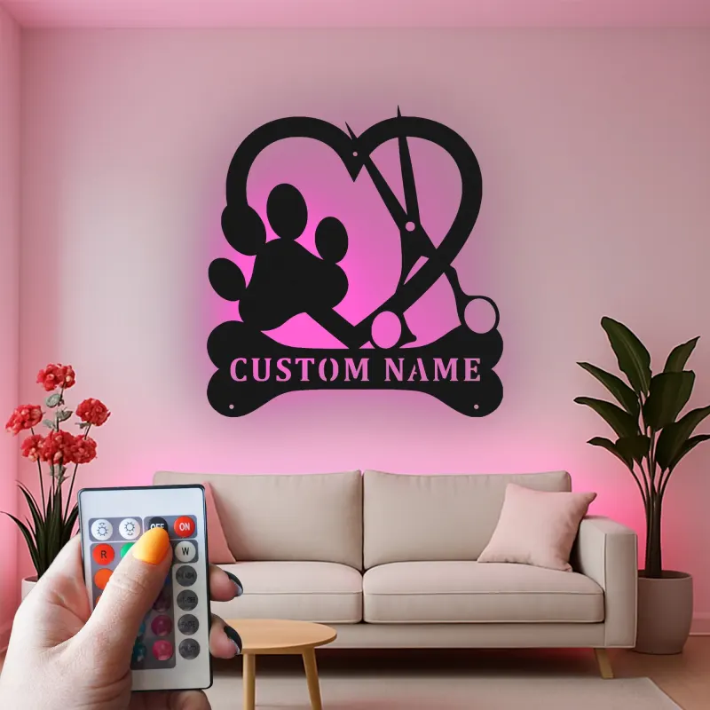 Insegna in metallo LED personalizzata per toelettatore di cani - Regalo per amanti degli animali - Decorazione per salone di toelettatura