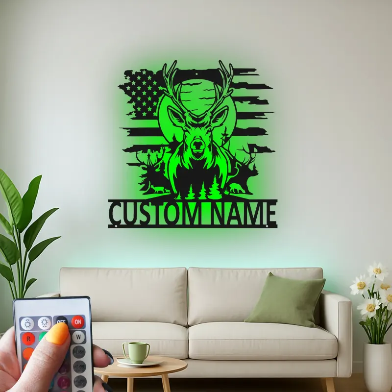 Insegna in metallo LED personalizzata con cervo e bandiera americana - Regalo personalizzato per cacciatori, decorazione rustica per cabin