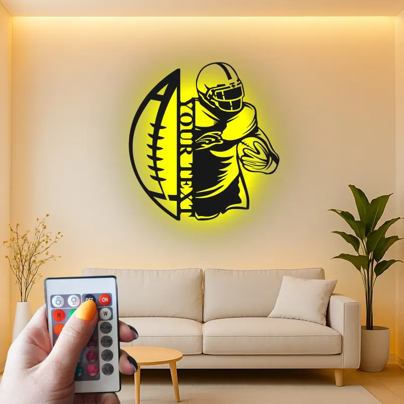 Cartel metálico personalizado de jugador de fútbol americano | Decoración deportiva con LED para habitación juvenil | Decoración mural con nombre a medida para regalo de deportista