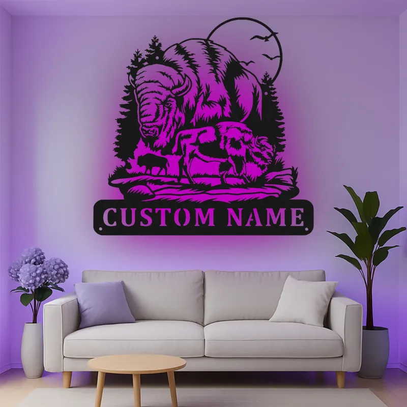 Décoration murale en métal personnalisée avec bison et forêt en rétroéclairage LED - Cadeau faune rustique pour cabane