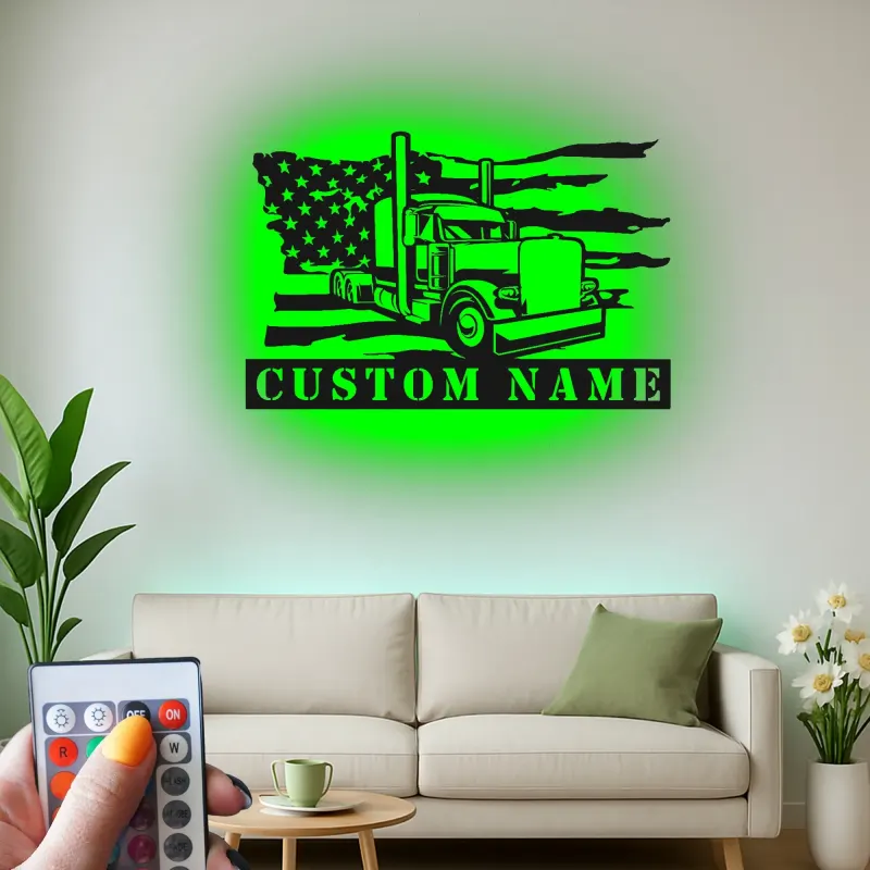 Personalisierte Semi-Truck LED Metall-Schild | Amerikanische Flagge Wandkunst | Individuelle Trucker Namensschild | Big Rig Garage & Man Cave Dekor