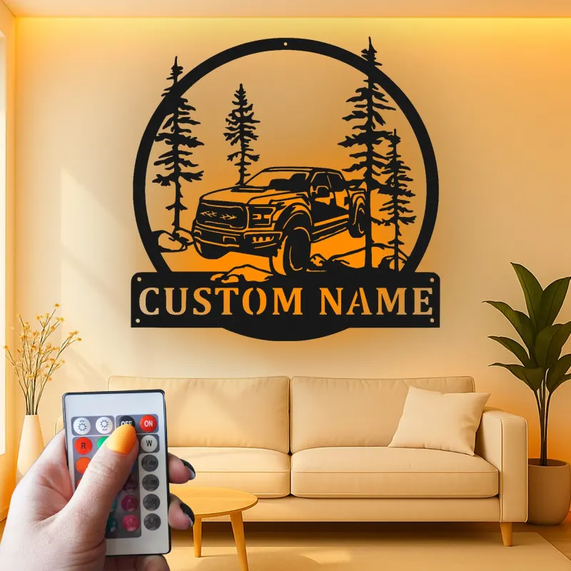 Décoration murale en métal personnalisée avec camion tout-terrain et rétroéclairage LED - Cadeau personnalisé pour passionnés de camions, décor de garage ou de man cave