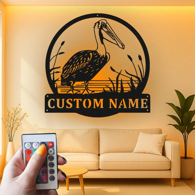 Cartel de metal LED personalizado de pelícano para regalo costero y decoración de casa de playa