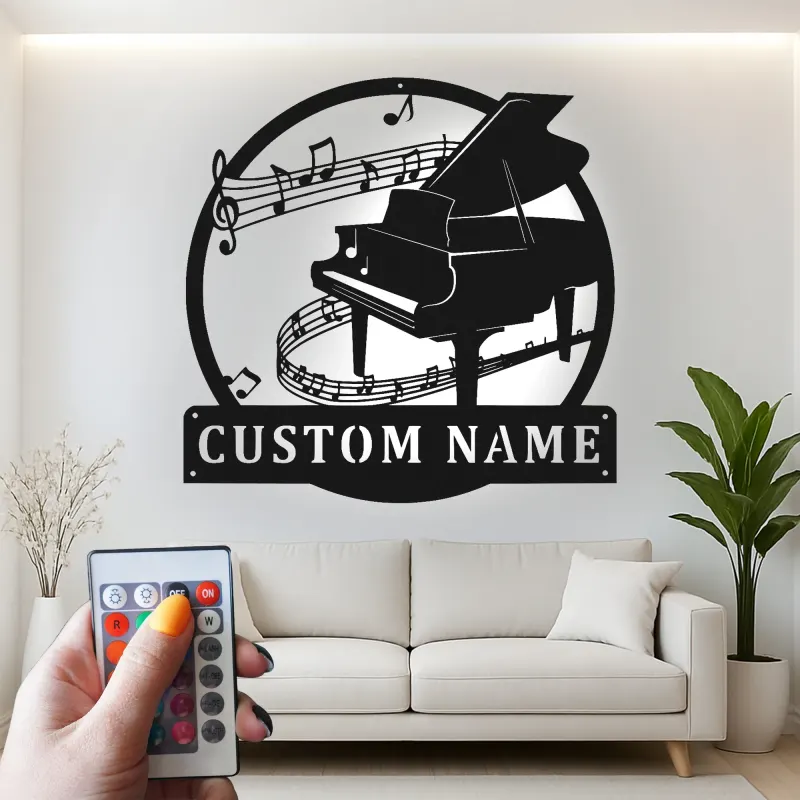 Grand Piano LED Wall Art | Personalized Metal Sign for Music Room | Custom Name Plaque | Pianist Gift & Studio Decor