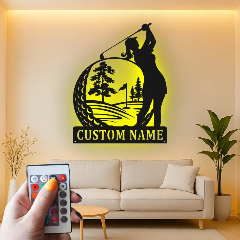 Personalized Golfer LED Sign | Custom Metal Wall Art for Her | Clubhouse & Home Bar Decor | Golf Gift