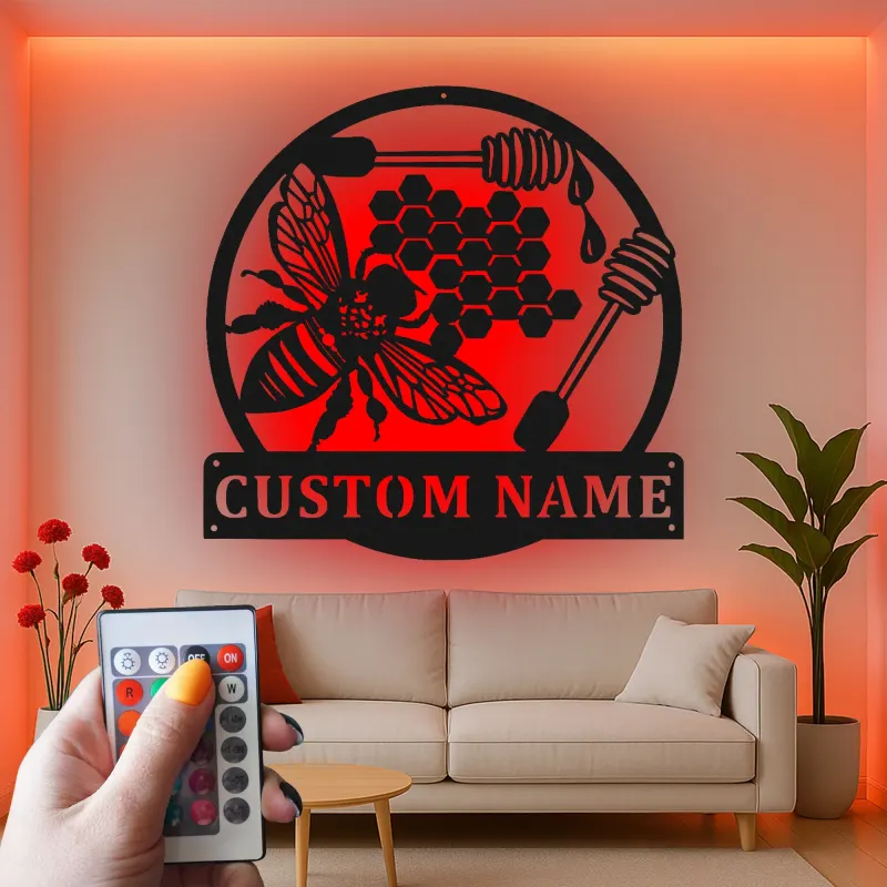 Décoration murale en métal personnalisée Abeille et Rayons de miel avec rétroéclairage