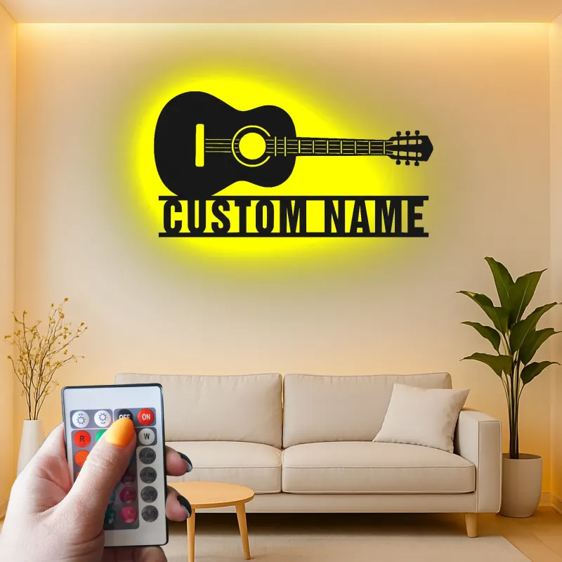Enseigne guitare en métal personnalisée avec LED | Décoration murale prénom sur mesure pour studio de musique et cadeau musicien | Décor pour guitariste
