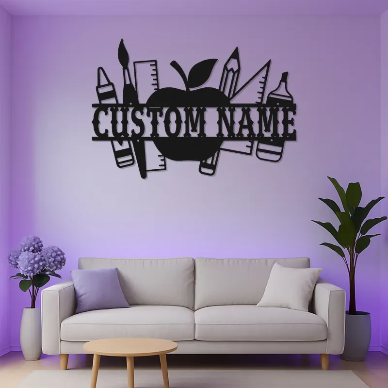 Cartel de nombre de profesor personalizado | Arte mural de metal LED para aula | Decoración personalizada de útiles escolares | Regalo de fin de año para educadores