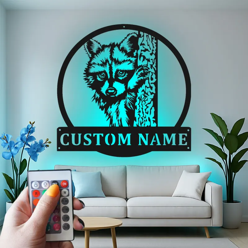 Décoration murale en métal LED personnalisée avec raton laveur - Cadeau faune pour les amoureux de la nature - Décor de cabane rustique 1
