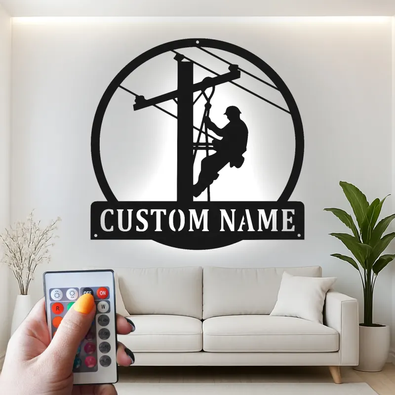Arte da Parete in Metallo per Lineman | Insegna LED Personalizzata con Nome | Regalo Personalizzato per Elettricista | Decorazione per Lavoratori dei Servizi Pubblici