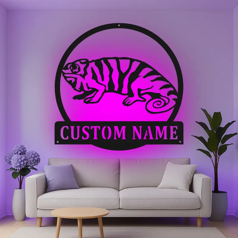 Décoration murale en métal personnalisée avec éclairage LED Chameleon pour les amoureux des reptiles - Cadeau unique pour la chambre