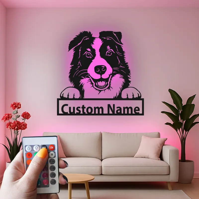 Décoration murale en métal LED personnalisée Border Collie pour les mamans chiens