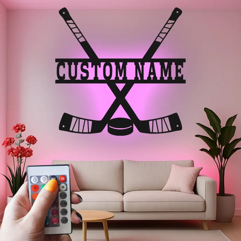 Panneau de hockey personnalisé pour mur | Décoration murale en métal sur mesure | Déco de salle de jeux et cadeau LED pour fan de sport