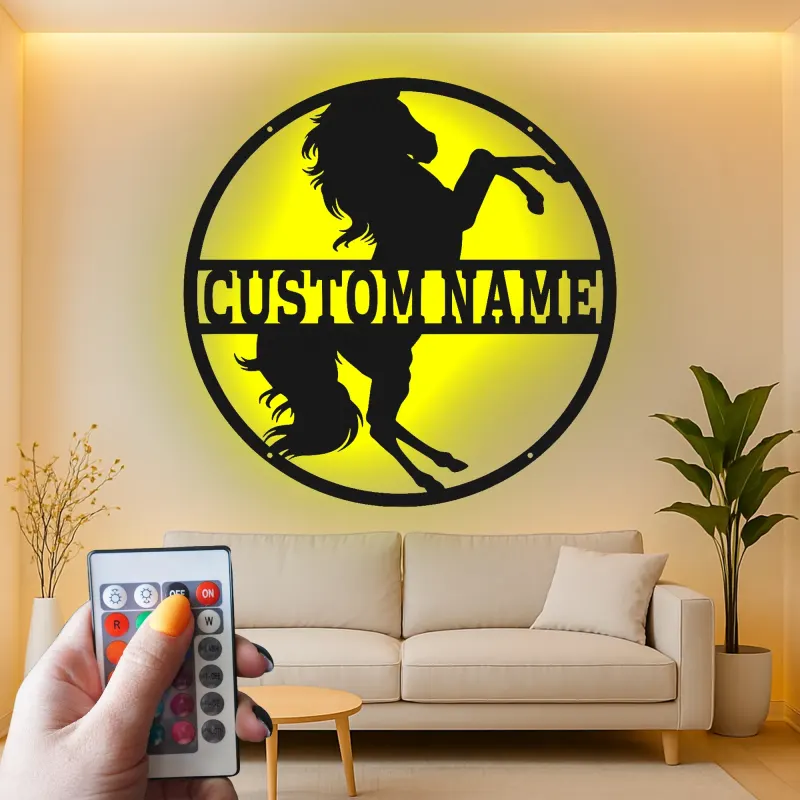 Plaque cheval en métal personnalisée | Décoration murale LED sur mesure pour grange et écurie | Cadeau équestre