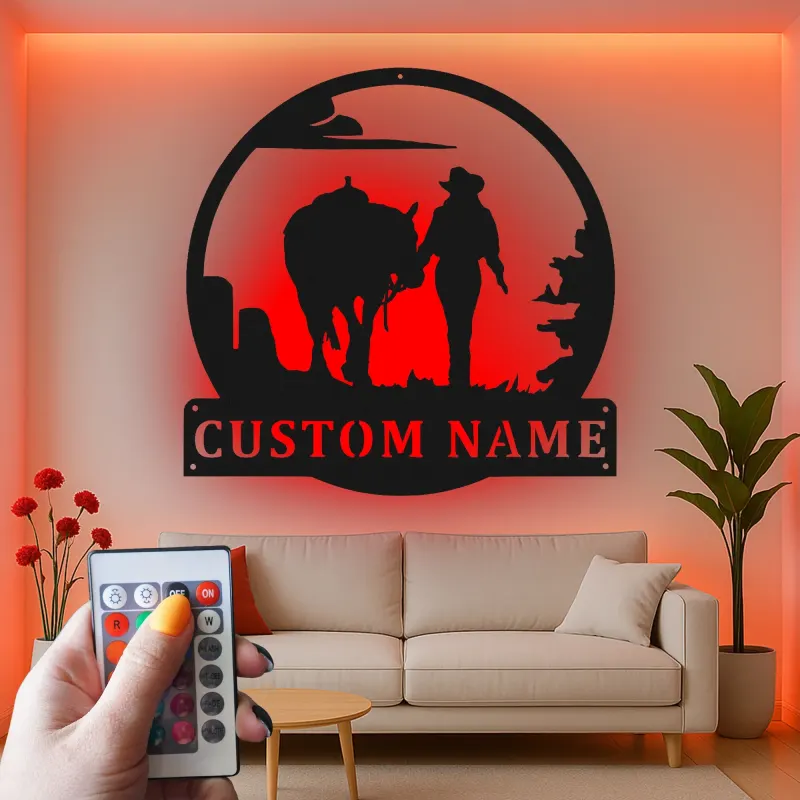 Insegna in metallo LED personalizzata con cowboy e cavallo - Regalo western per lui, decorazione rustica per ranch