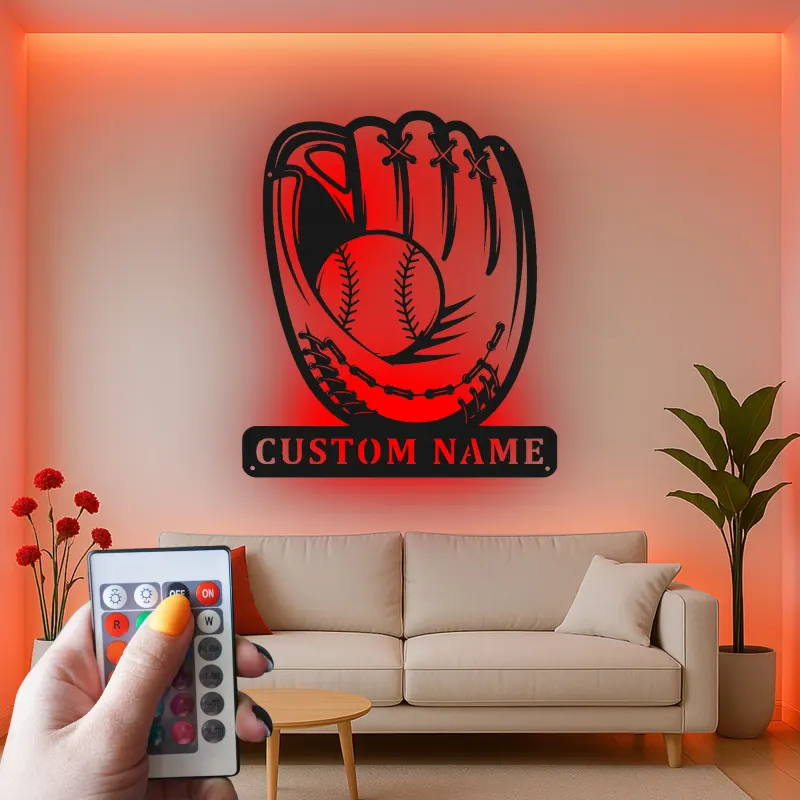 Custom Baseball Glove Led Light Metal Wall Art Personalized Sports Gift for Baseball Fans Game Room Decor
