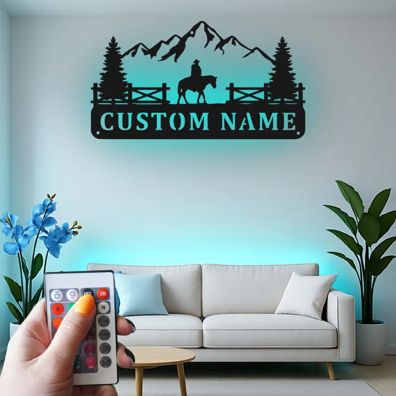 Custom Cowboy Mountain Scene Led Light Metal Wall Art Personalized Western Gift Rustic Home Decor