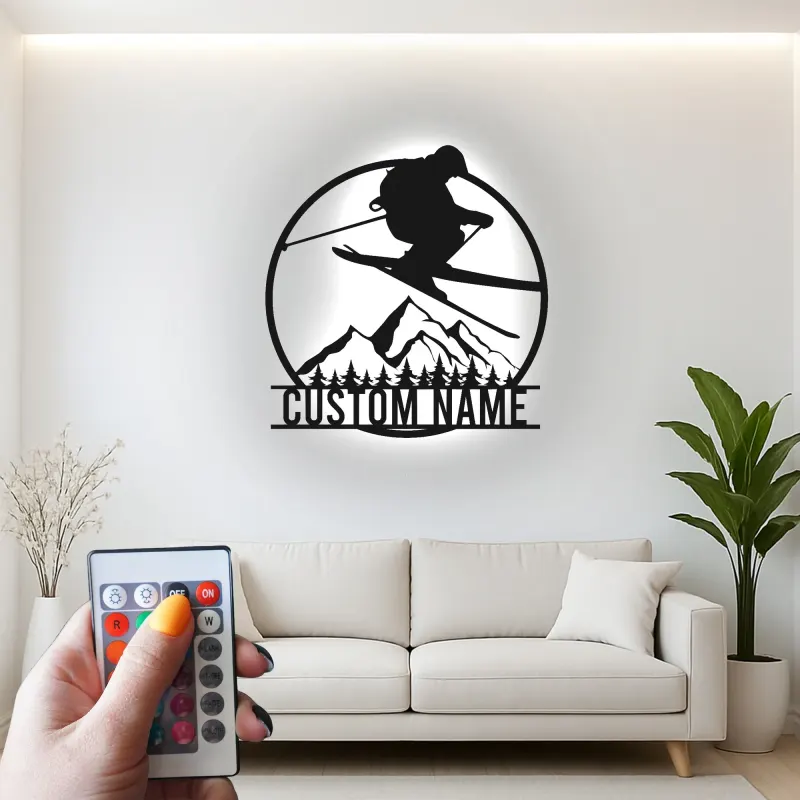 Insegna LED in metallo personalizzata per sciatore | Arte murale di montagna su misura | Arredo e regalo per baita e sci freestyle