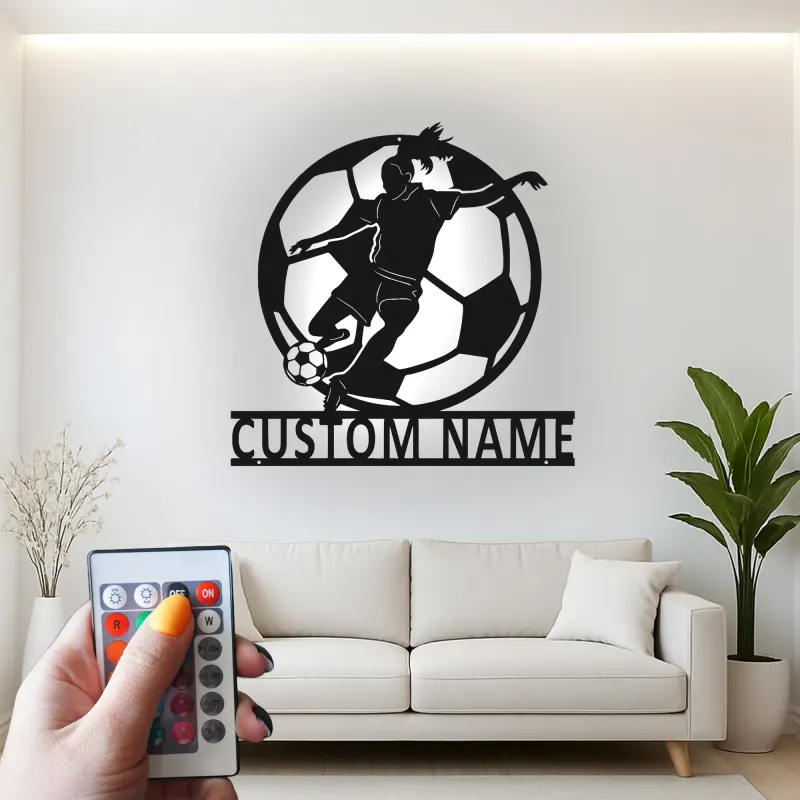 Cartel de metal personalizado de jugadora de fútbol femenino con luz LED, regalo personalizado para aficionados al fútbol, decoración para sala de juegos