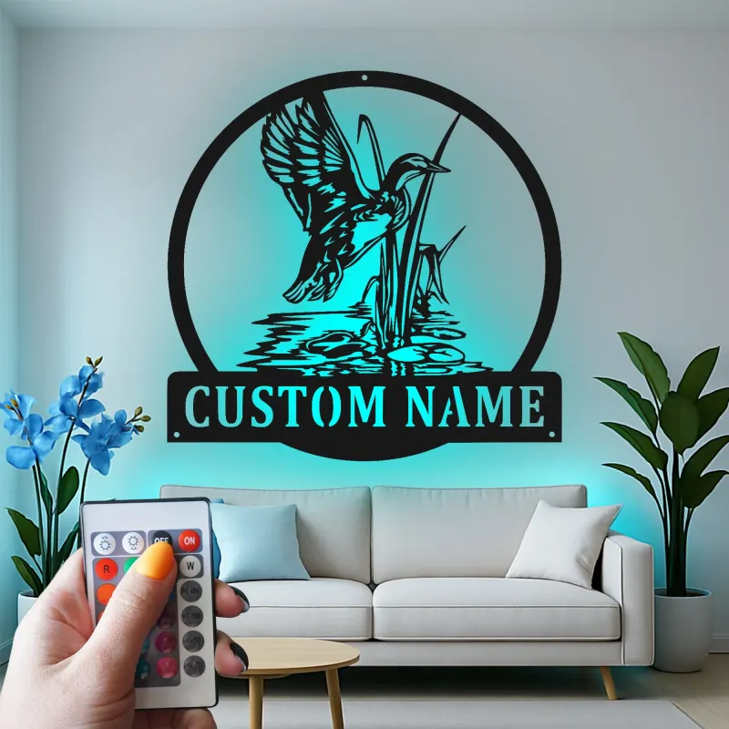 Personalisierte LED-Metall-Wandkunst mit Entenjagd-Motiv – Geschenk für Jäger, rustikale Hüttendeko