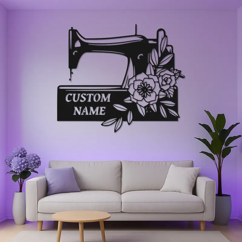 Cartel de máquina de coser personalizado | Decoración mural de metal LED personalizada | Decoración para el cuarto de costura