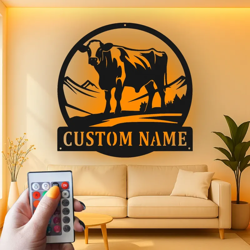 Décoration murale en métal LED personnalisée de vache - Cadeau de ferme pour éleveurs - Décor rustique pour le salon
