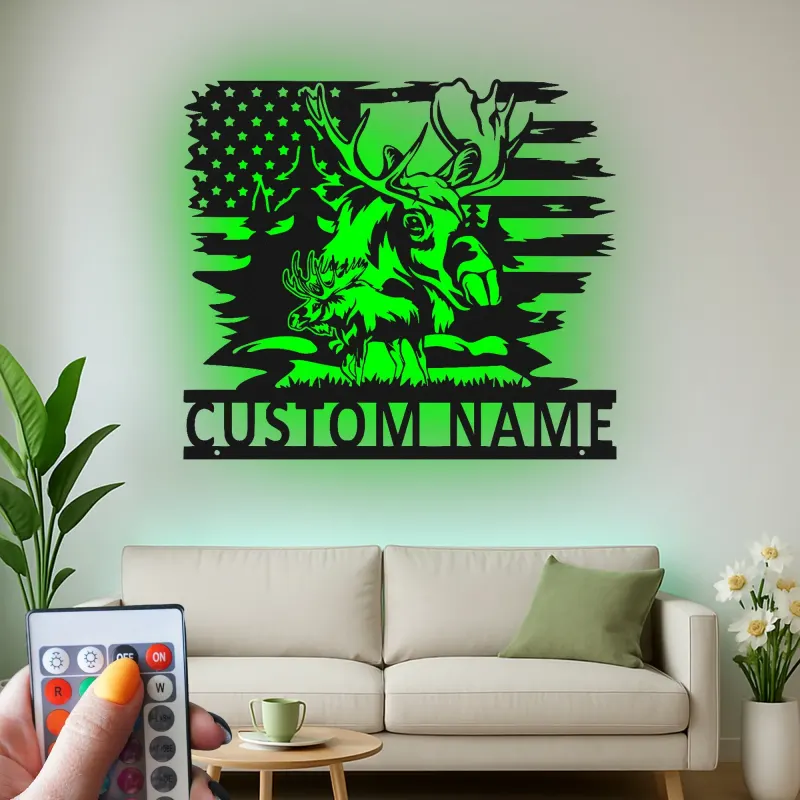 Personalisiertes Elch-Metallschild | LED-Schild mit amerikanischer Flagge | Rustikale Hütten-Dekoration für Jäger & Wildtierliebhaber