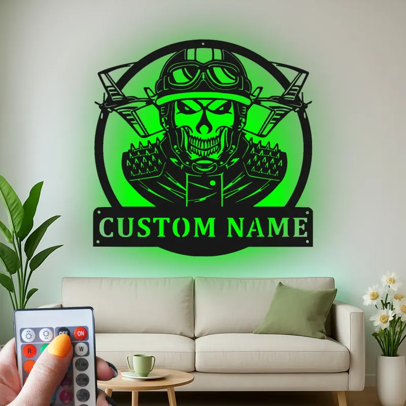 Custom Skull Fighter Pilot Metal Sign | Personalized LED Aviation Wall Art | Military Man Cave Decor | Gift for Him