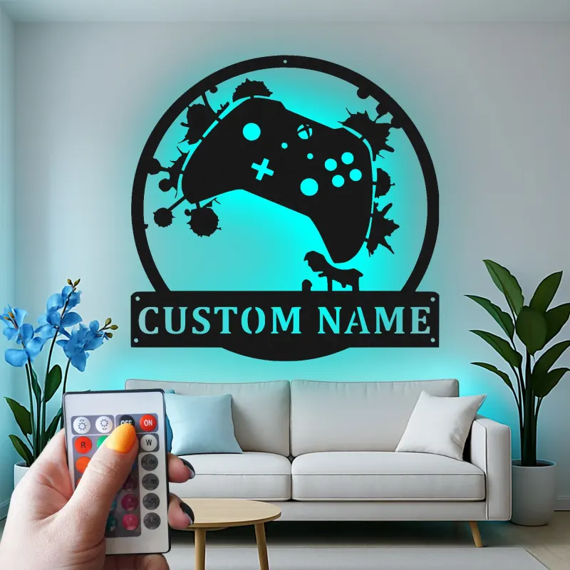 Insegna gamer personalizzata | Insegna LED in metallo personalizzata | Decorazione per sala giochi per ragazzi e uomini | Targa luminosa con controller e nome
