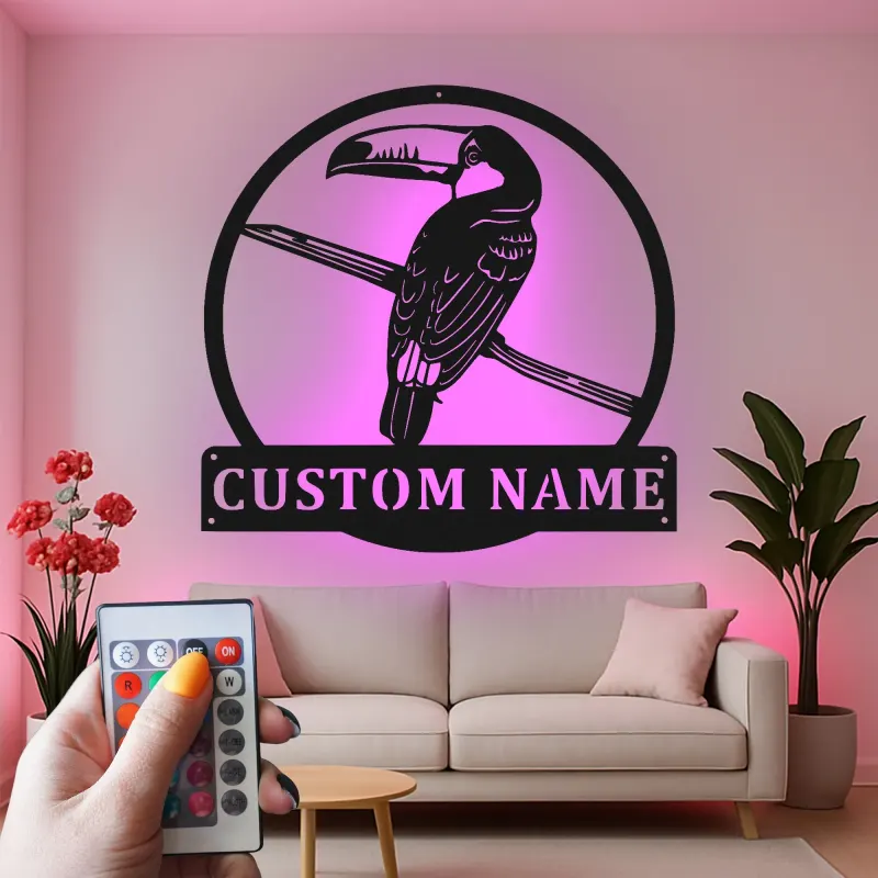 Cartel de metal personalizado de tucán | Arte mural LED con nombre | Decoración de vida salvaje exótica para hogar y negocio | Regalo personalizado para amantes de las aves