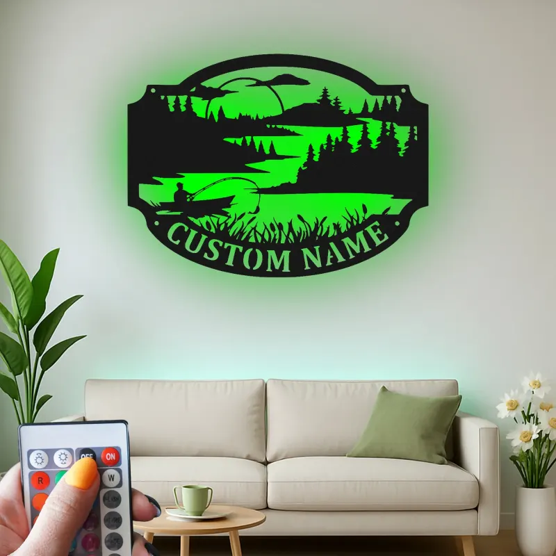 Personalized Fishing Sign with LED Lights | Custom Name Metal Wall Art | Fisherman Lake House & Cabin Decor | Outdoor Lover Gift