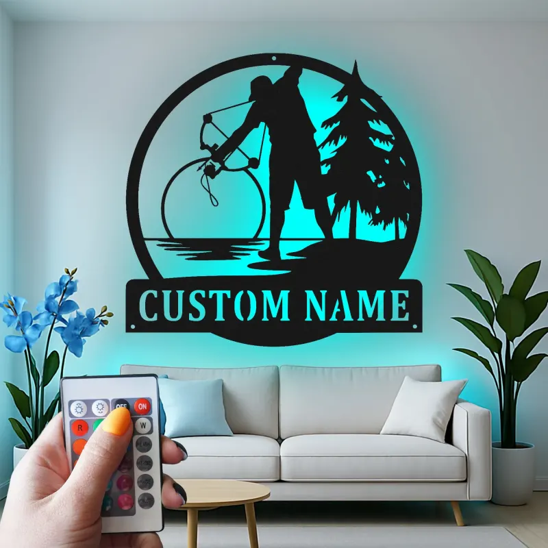 Custom Bow Hunter Led Light Metal Wall Art Personalized Gift for Archery Enthusiasts Rustic Cabin Decor