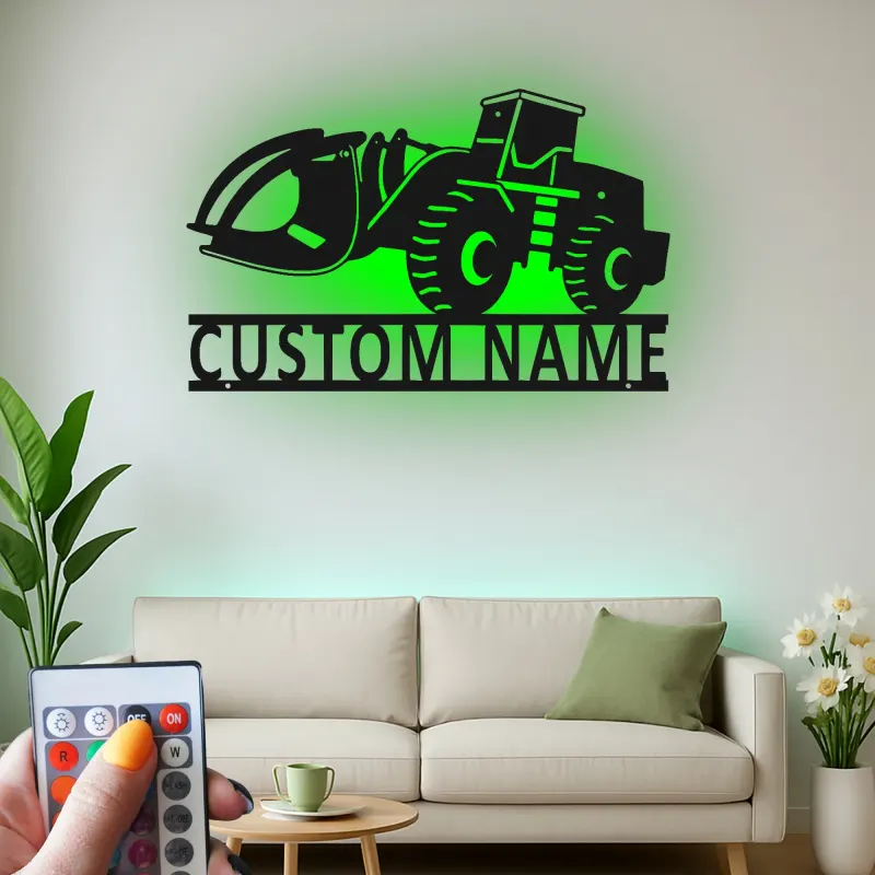 Décoration murale en métal LED personnalisée pour excavateur - Cadeau pour passionnés de construction - Décor de garage ou de bureau