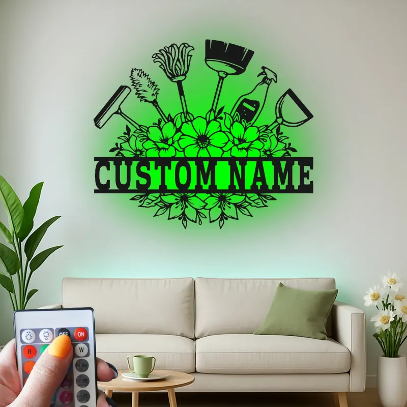 Custom Cleaning Tools Led Light Metal Wall Art Personalized Housewarming Gift Laundry Room Decor