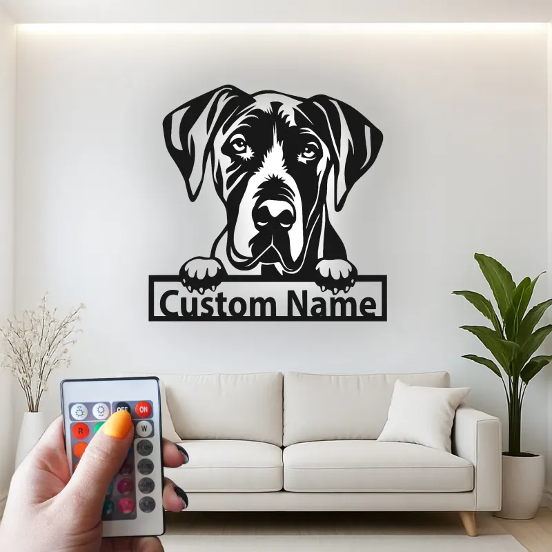 Insegna in metallo LED personalizzata per amanti dei cani con Alano - Regalo per la sala da pranzo