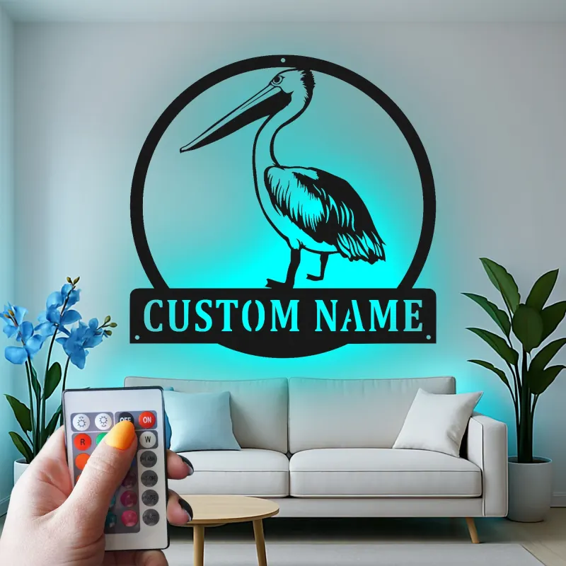 Custom Brown Pelican LED Metal Sign | Coastal Wall Art Decor | Beach House Lighted Nameplate | Personalized Nautical Gift