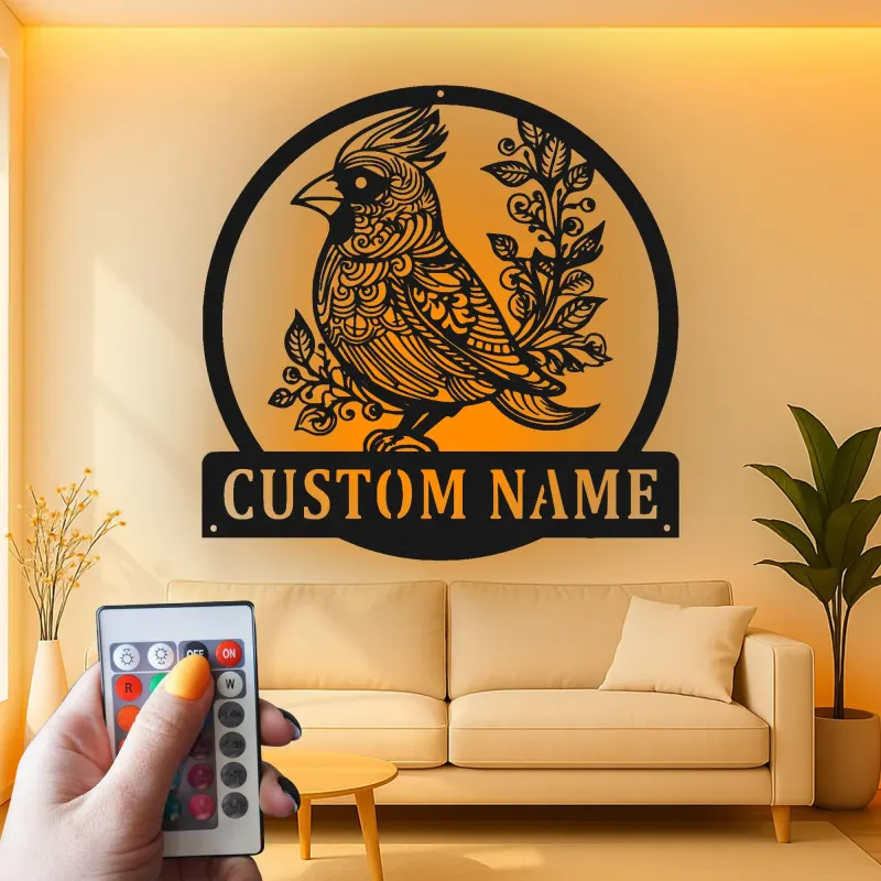 Décoration murale en métal personnalisée avec oiseau cardinal et rétroéclairage LED - Cadeau pour amoureux de la nature - Décor pour salon ou jardin