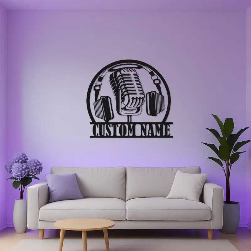 Individuelles Podcast-Studioschild | Vintage Mikrofon Metallkunst mit RGB-LED-Lichtern | Personalisierte Musiker Namensdekoration