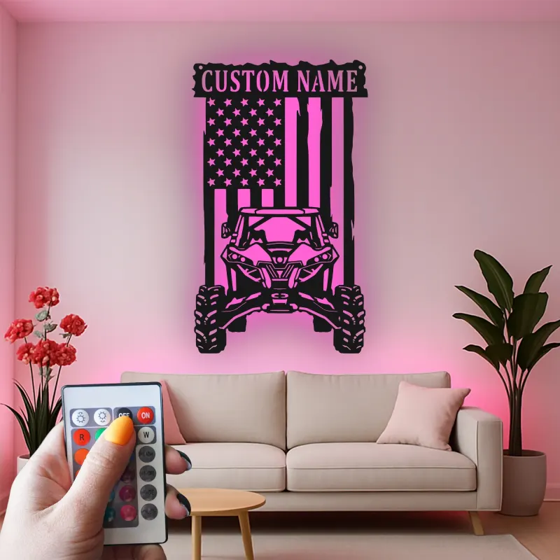 Insegna in metallo LED personalizzata con bandiera americana per ATV - Regalo per appassionati di fuoristrada, decorazione per garage o man cave
