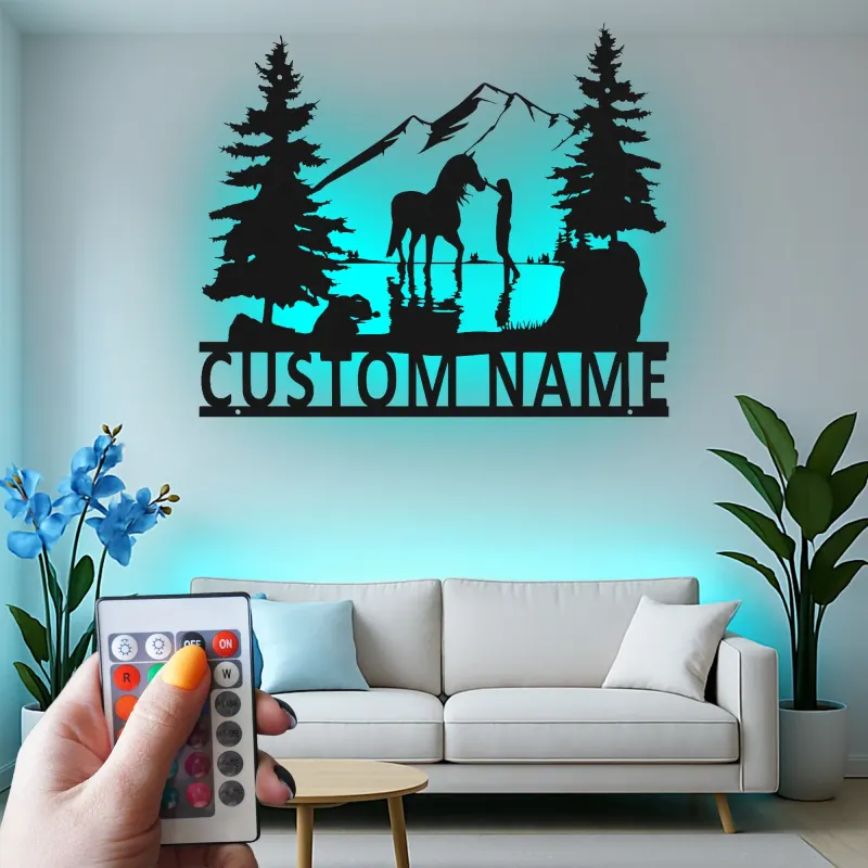 Arte mural de metal personalizado con caballo | Cartel LED ecuestre a medida | Decoración rústica de casa de campo | Regalo para amantes de los caballos