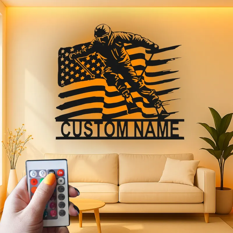 Custom Alpine Skier Metal Wall Art | LED Backlit American Flag Sign | Personalized Ski Gift | Winter Sports Cabin Decor