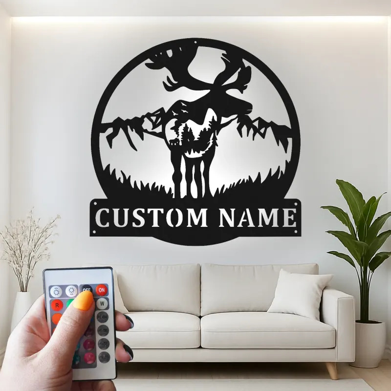 Cartel de metal personalizado de alce | Decoración mural de fauna salvaje con luces LED | Decoración rústica para cabaña y regalo para cazadores